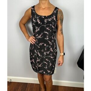 Vintage 90s Floral Mini Dress Black Pink Rose Print Sleeveless Party Cocktail S
